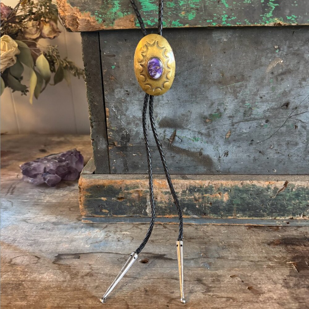 Bolo Tie - Brass with Purple Stone